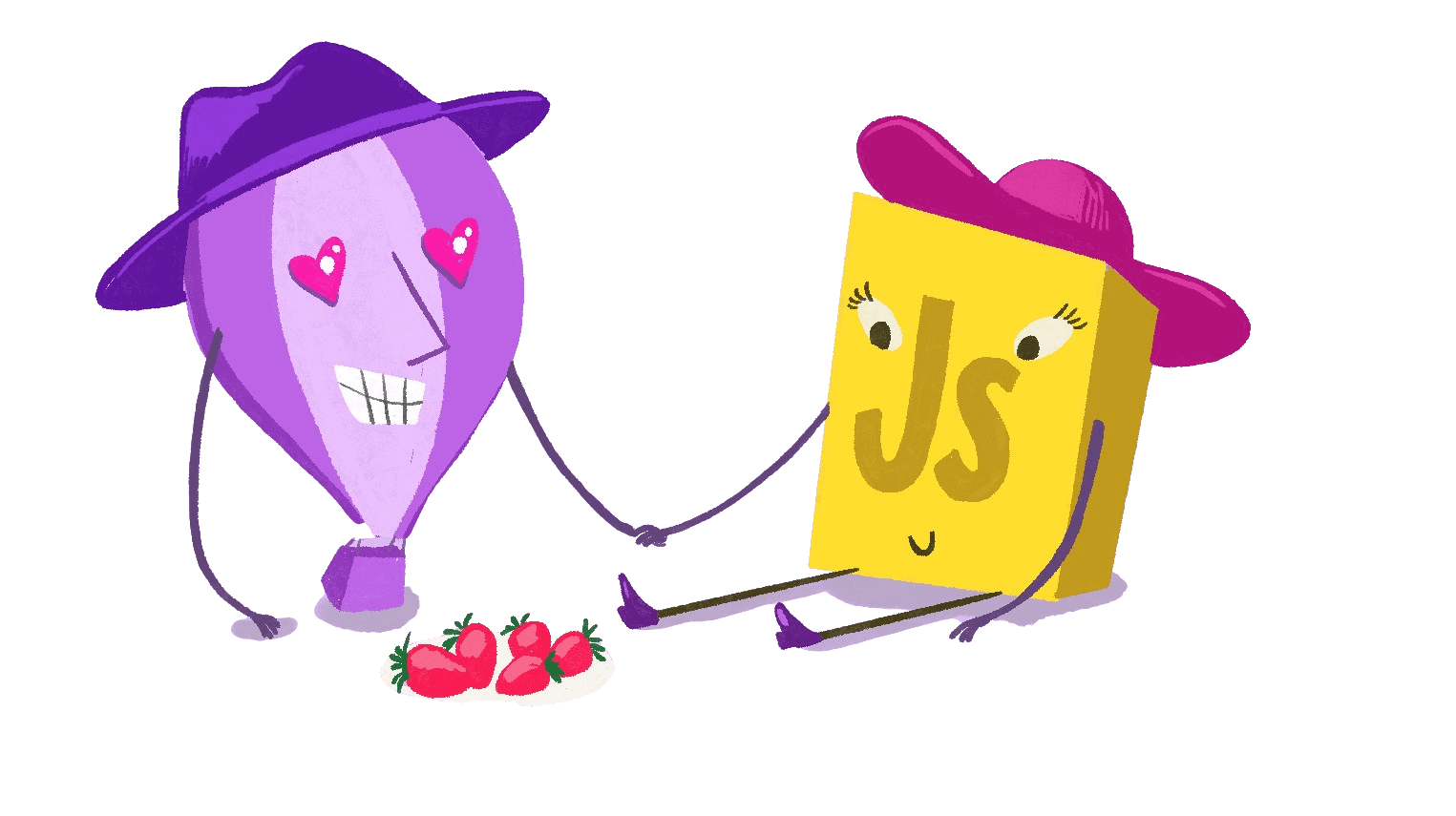 An illustration of Frankie the hot air balloon looking at the JavaScript logo in love.